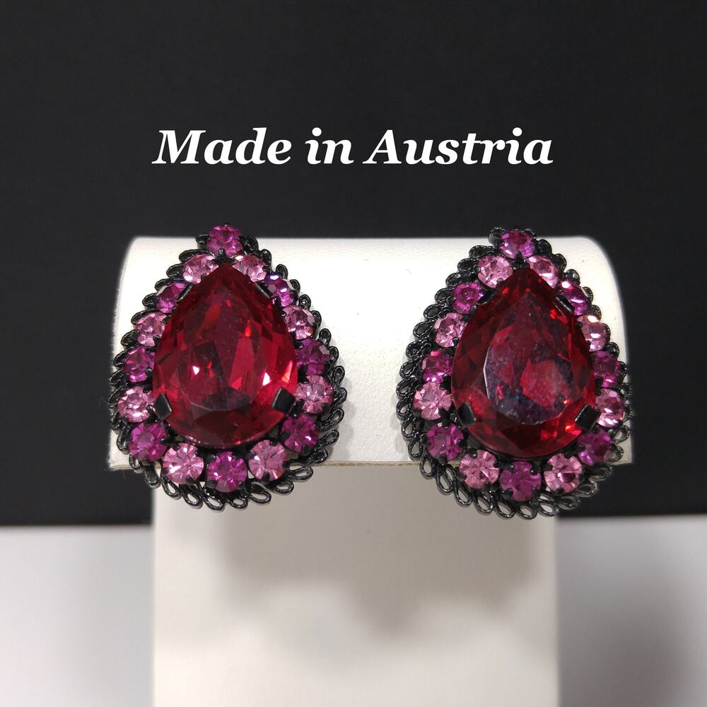 Austria Red Pink Rhinestone Earrings, Japanned Black Metal, 1960s Vintage